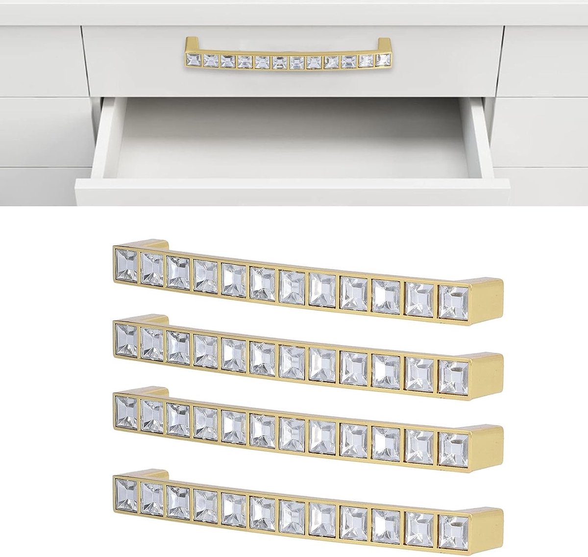 Moderne Kristallen Kastknoppen in Goud - 4 Stuks - Zink Legering Handgrepen voor Lades en Deuren met Dubbele Gaten 128mm