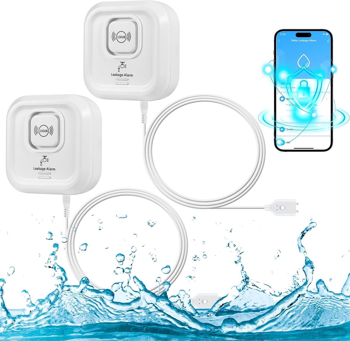 Waterlekdetectie en Waterniveaubewaking, Wifi Watermelder met Alarmfunctie, Compact Design voor Keuken, Badkamer en Kelder, Verpakking van 2 Stuks