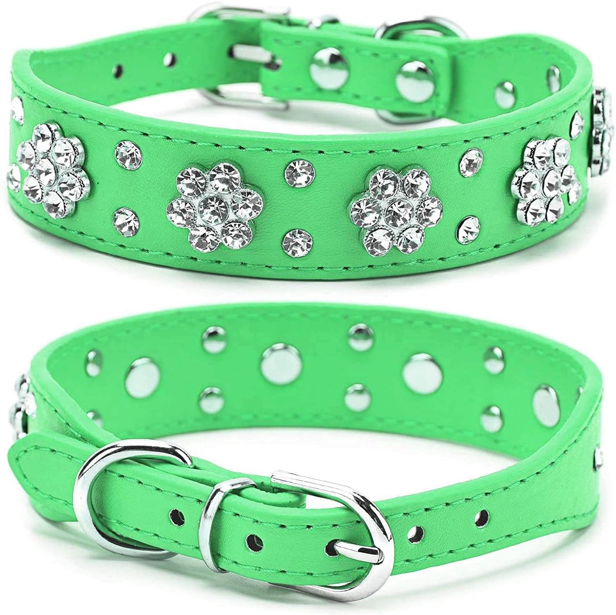 Halsband voor honden en katten - bloem met rhinestones - PU leer - verstelbare maten (L, groen) - ShopVlot