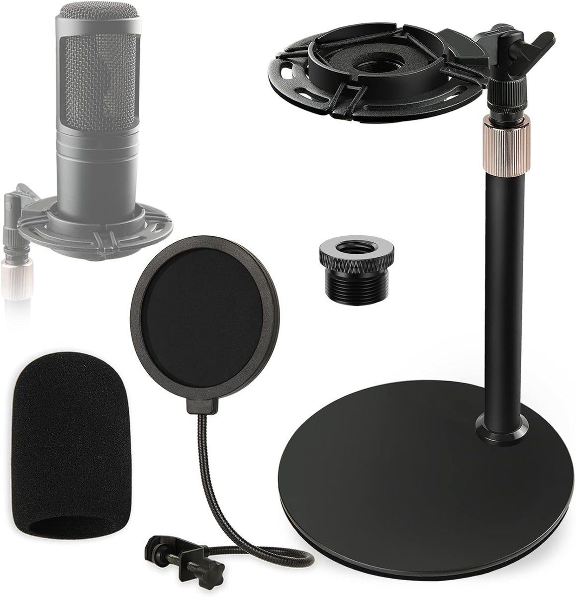 SnelShoppen - Professionele tafel microfoonstandaard met schokabsorberende houder, schuim windbescherming en popfilter, verstelbare microfoonstandaard