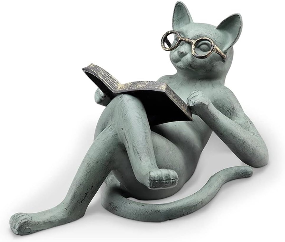 SnelShoppen - BTSEURY Kat Beeldje, Lezende Kat Ornamenten met Bril, Tuinstandbeeld, Decoratie voor Studie en Kantoor (18cm)