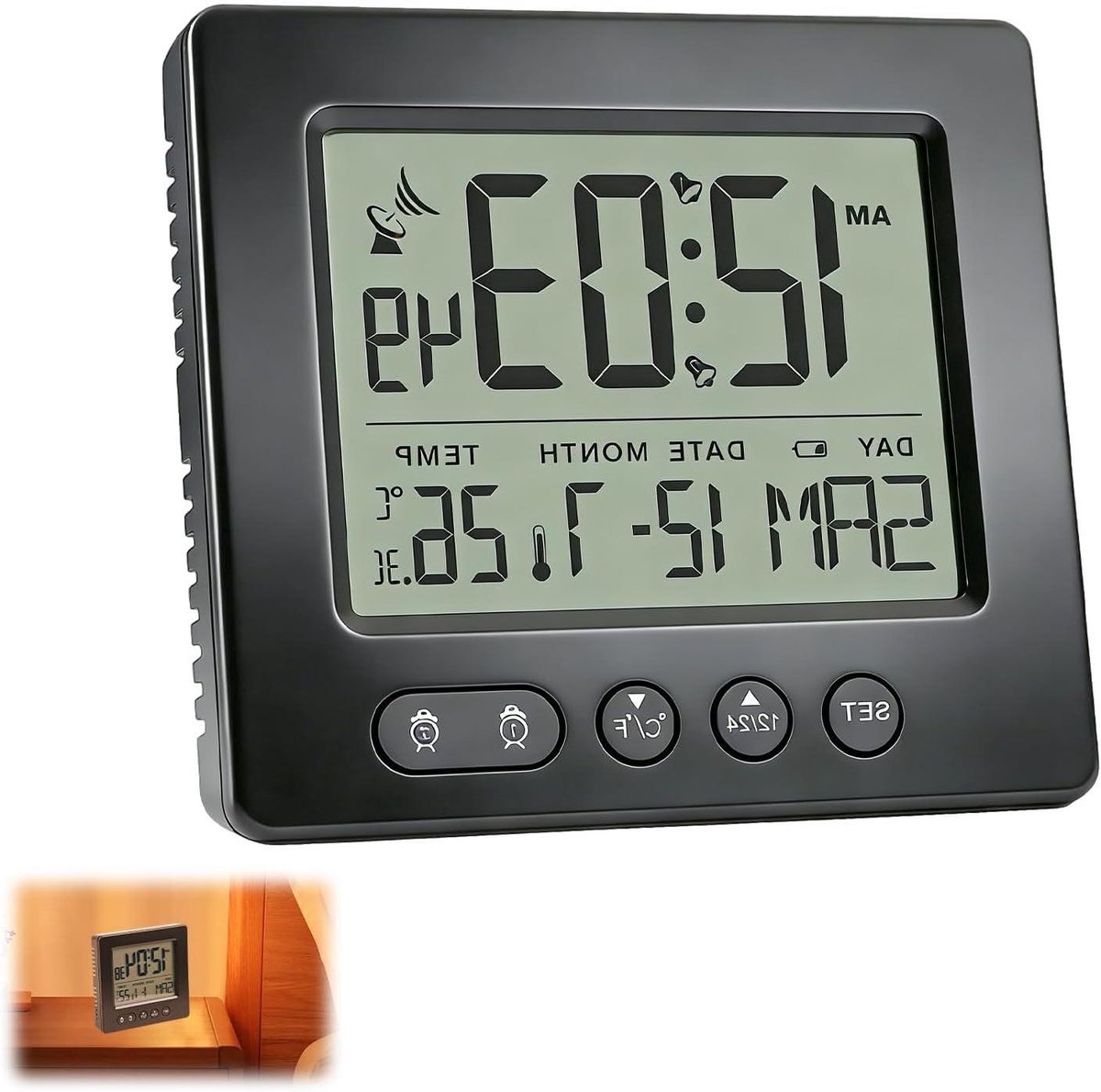 Digitale Wekker - Radiogestuurde Klok - Automatische Tijdinstelling - Twee Alarmen Snooze - 11.5 cm Scherm - Zwart