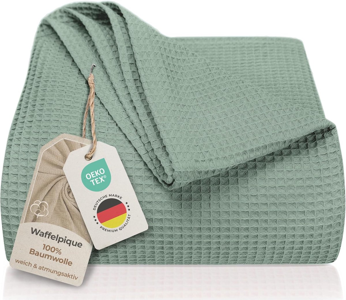 SnelShoppen - LAYNENBURG Bedsprei 220 x 240 cm XXL - Waffle Pique 100% Katoen - Lichte Zomerdeken - Katoenen Dekens voor Bed en Bank (Mint Groen)