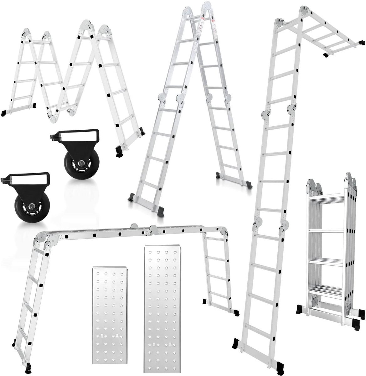 Multifunctionele Ladder - Vouwladder Werkplatform - Veelzijdig Klussen - 16 Treden Aluminium - 470 cm Max Lengte - Zilver