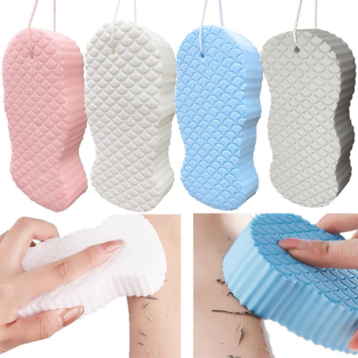 Set van 4 Herbruikbare Exfoliërende Bad Sponsen in Roze, Wit en Blauw, Zachte Scrub Spons voor Lichaamsverzorging en Peeling voor Mannen en Vrouwen