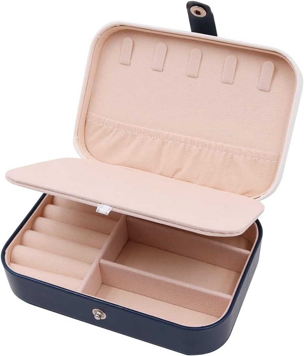 SnelShoppen - PU Leren Sieradenbox Kleine Draagbare Organiser voor Ringen Oorbellen Halskettingen - Navy Blauw - Dubbel Laags met Velours Interieur