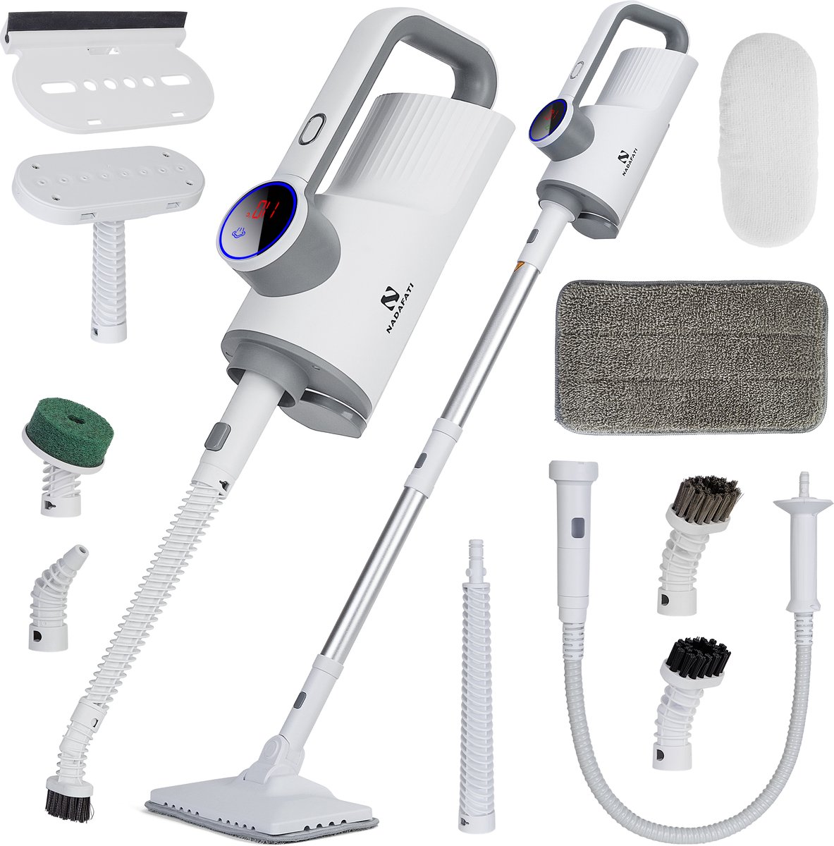 Nadafati 12-in-1 Vloerreiniger - Stoomreiniger - Stoommop - Handstomer - Kledingstomer - 1500W - 3 Bar - 20 sec Opwarmtijd - 400 ml Watertank - 12 Accessoires - Voor PVC - Laminaat - Tegels - Badkamer - Keuken - Banken - Textiel - Ramen