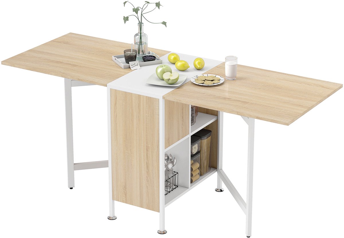 4 personen opklapbare Eettafel, Opklapbaar Paneel, Met 4 ingebouwde opbergvakken, geschikt voor kleine ruimtes, Afmetingen uitgeklapt: 169 (l) x 62 (b) x 75 (h) cm, van MDF in lichte eikenkleur, met wit stalen frame