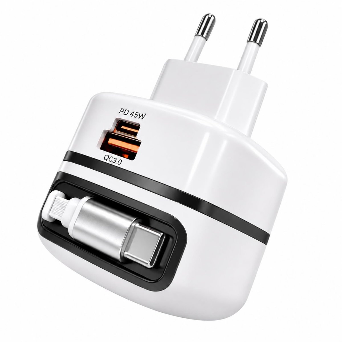 Namajunas - 3-in-1-65W USB-C oplader - Snellader - Universeel oplader - Power adapter - USB-C lader - USB stekker 2 poorten - Voorzien van een intrekbare kabel - Klein en draagbaar - Geschikt voor op reis, op kantoor en thuis