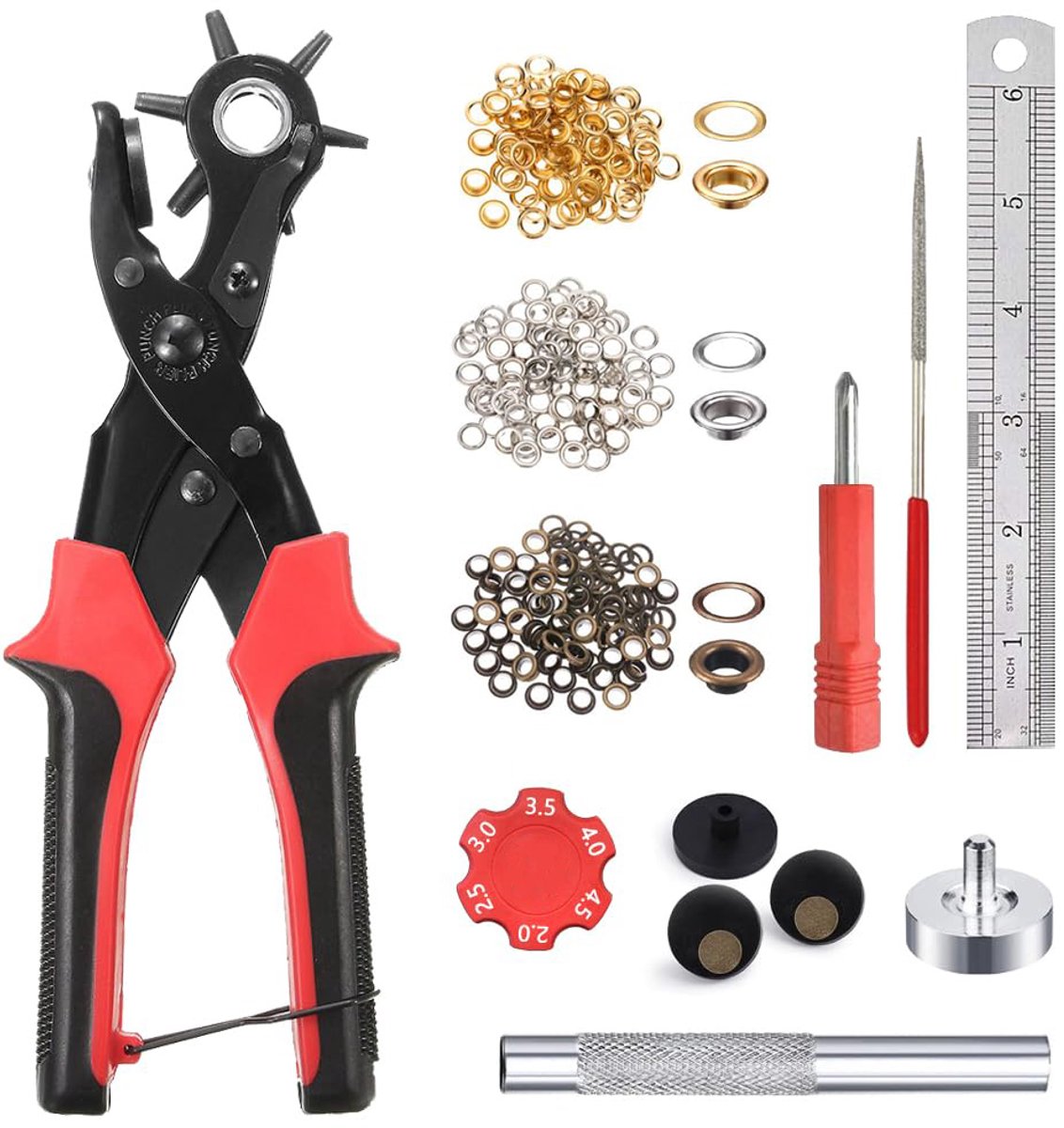 Namajunas - 109-delige Set Gaatjestang - Gaatjestang voor riem - Gaatjestangen - Gaatjesmaker Riem - Ponstang - Revolvertang - Gatentang voor riemen - Gaatjestang voor leder - Met Meetlat & Priem - Inclusief 100 Pcs Zeilringen - Voor Leer, Riemen