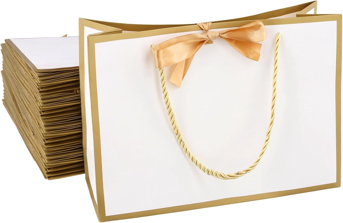 SnelShoppen - 20 Stuks Witte Geschenkzakken met Goudkleurig Lint - Middelgrote Papieren Zakjes voor Verjaardag, Afstuderen, Bruiloft en Festivals