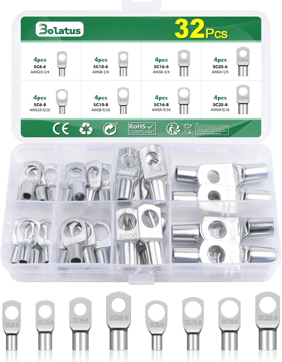 SnelShoppen - 32x Kabelogen Set, Kabelogen 6 mm², 10 mm², 16 mm², 25 mm², Verzilverd Koper Ring Ogen, Voor Auto Ring Oogjes M6 M8