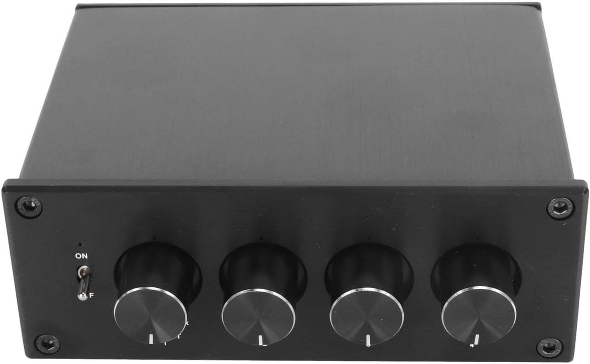 SnelShoppen - 4 Way Stereo Splitter Box, 1 in 4 Uit Stereo Splitter met Laag Distortiegeluid, Onafhankelijke Controle voor Hoofdtelefoonversterker (EU