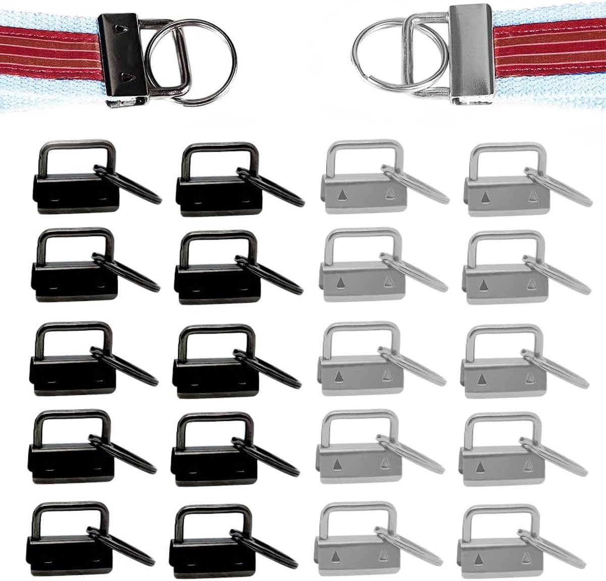 SnelShoppen - Sleutelhangers 40 Stuks - Hardware voor Sleutelhangers, Haakjes en Klemmen - DIY Stofriem - 26mm - Zilver, Zwart