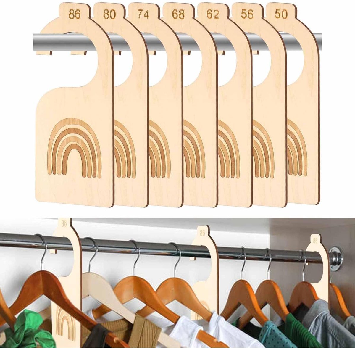 SnelShoppen - 7-delige Kledingmaat Scheidingsstukken, Houten Baby Kleding Organiser, Maten 50-86, Ideaal voor Baby Kleding Sorteren, Kinderen, Kinderk
