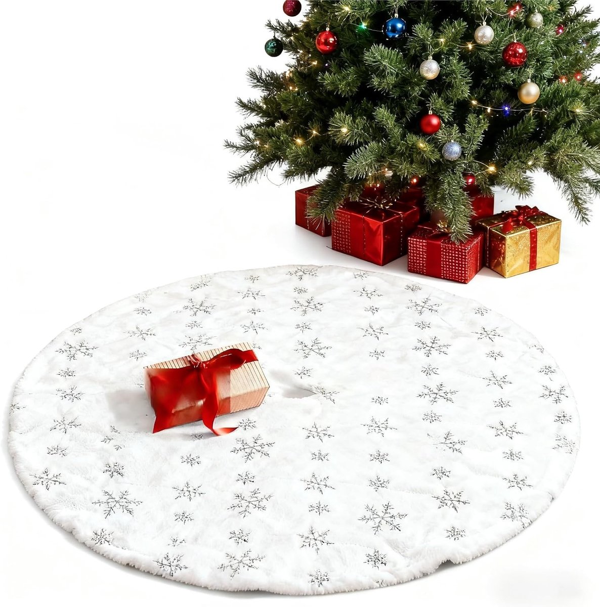SnelShoppen - Kerstboomrok 90cm Rond - Witte Kerstboomstandaard - Mat voor Thuis, Winkel, Buiten, Binnen, Feestdecoraties (Zilver)