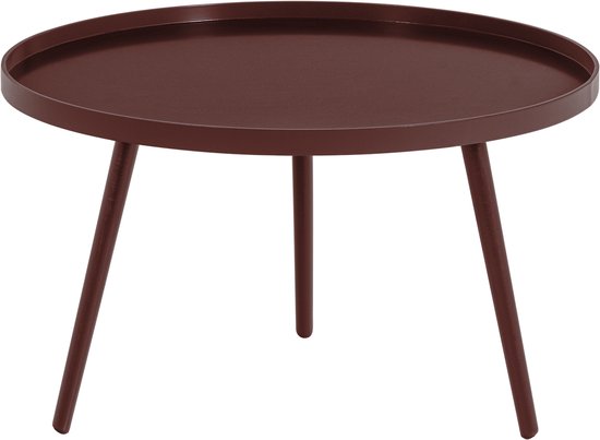 Ronde, bordeauxrode bijzettafel met een dienblad-achtig tafelblad en drie slanke poten.