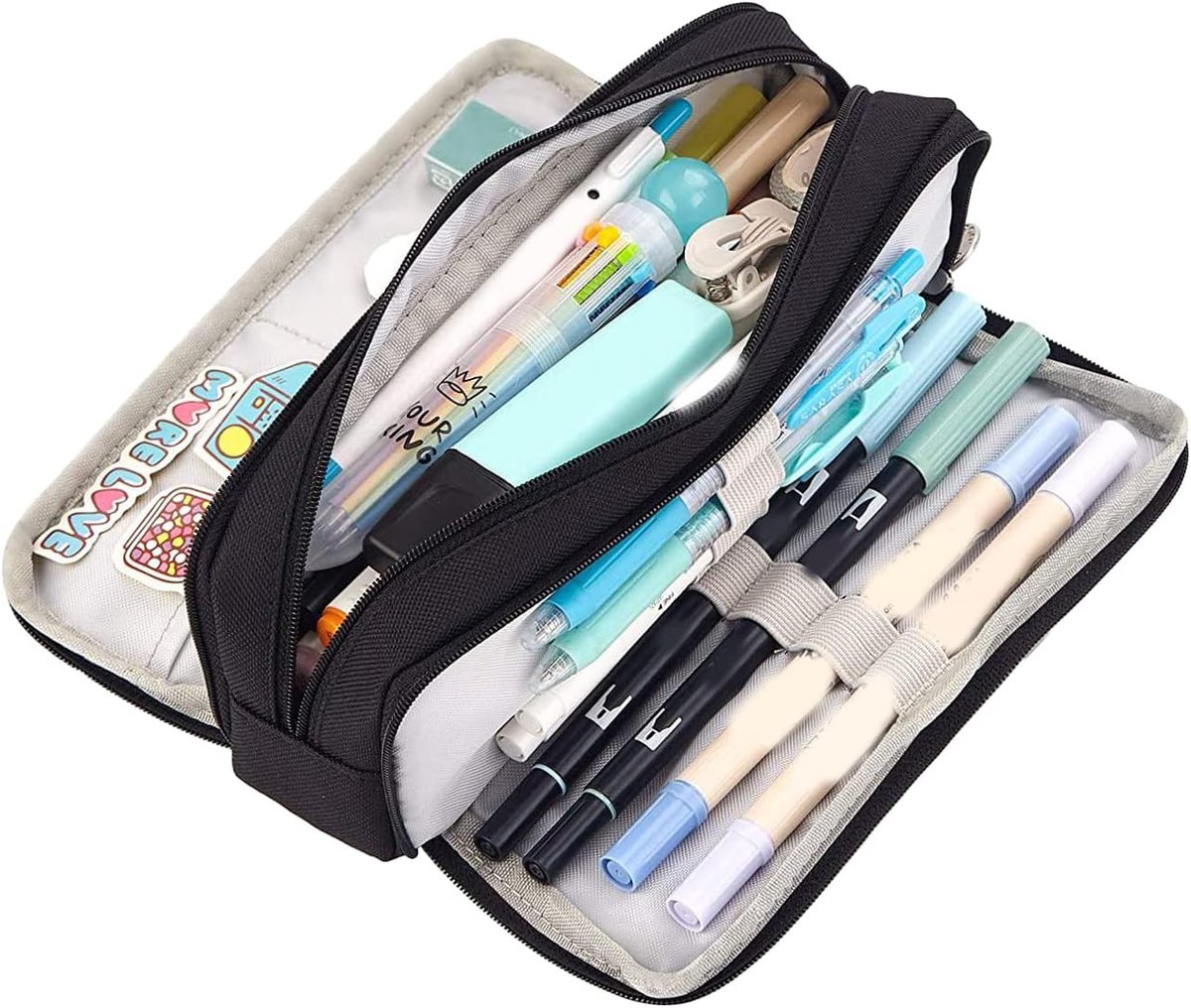 SnelShoppen - Grote Pennenbak met 3 Compartimenten, Ruime Capaciteit Dubbele Opening Rits Etui voor Schoolbenodigdheden, Zwart