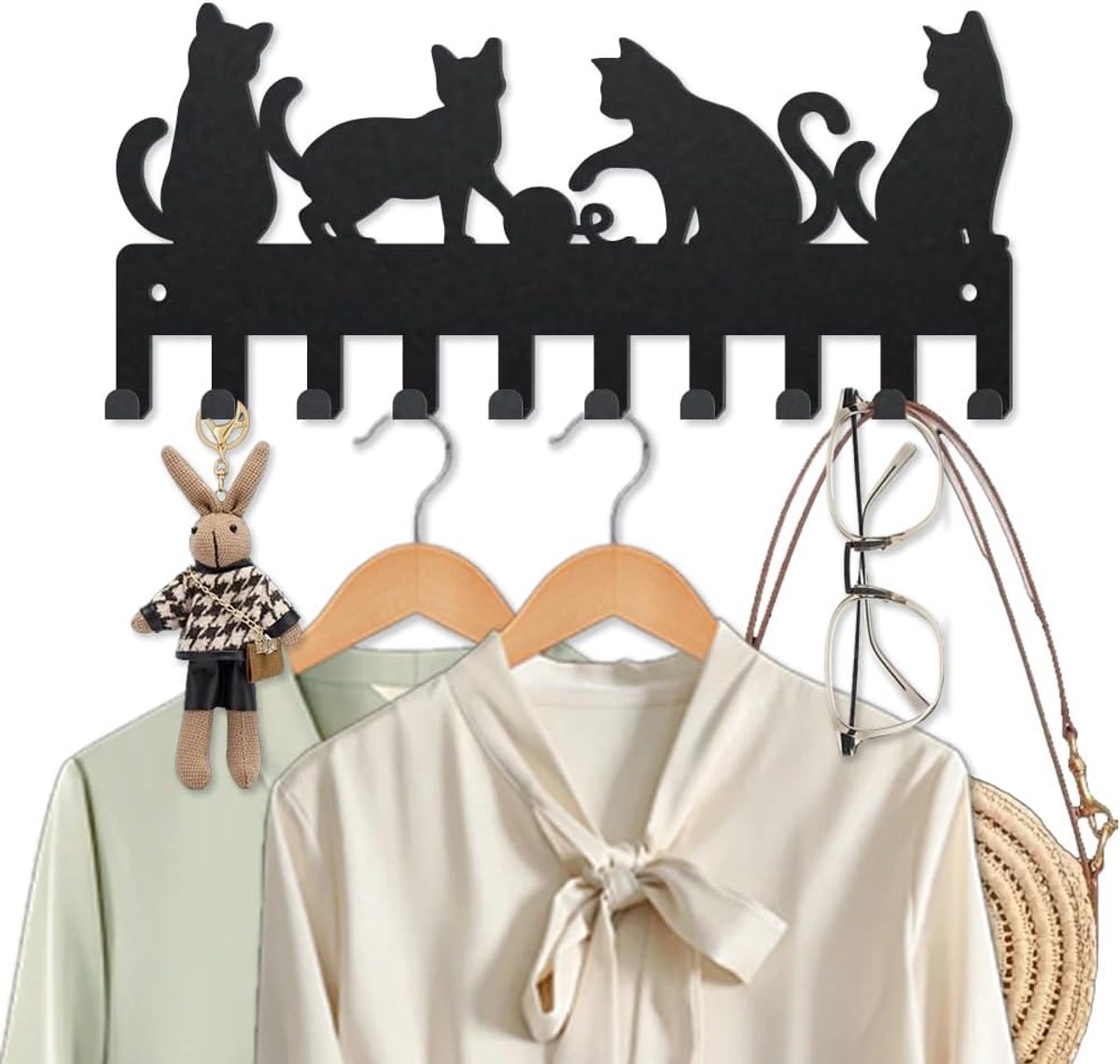 SnelShoppen - Wandhaak voor Katten met 10 Haakjes - Schattige Dieren Wanddecoratie voor Sleutels, Jassen, Handdoeken, Tassen - 40 x 25 cm - Inclusief