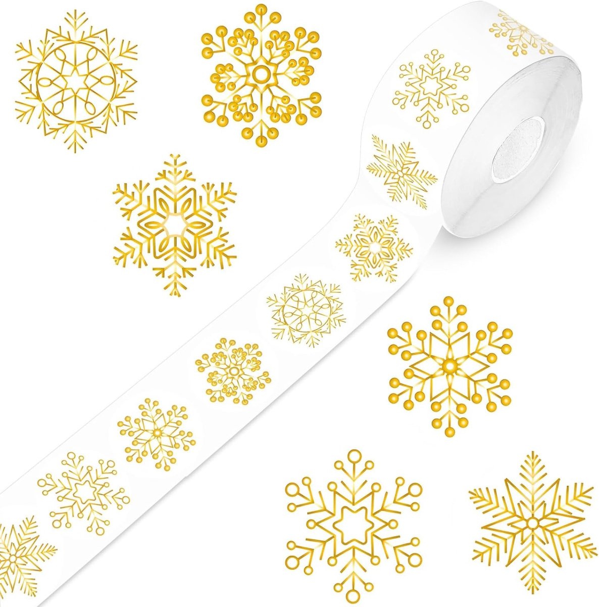 SnelShoppen - 1000Pcs Kerst Gold Stickers Labels Roll Sneeuwvlok Stickers Feest, Kerst Stickers voor Kaarten 1.5in, Kerst Winter Stickers Gelukkige Ke
