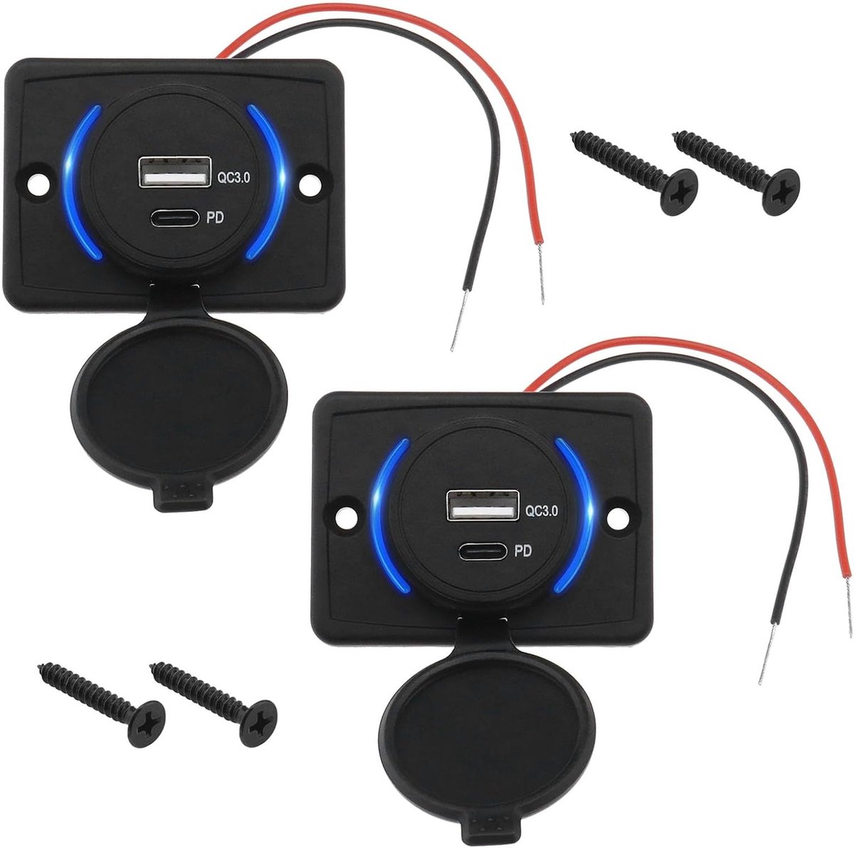 SnelShoppen - 2PCS Type C USB Auto Oplaadpunt met Stofkap Dubbele Poort QC3.0 USB & PD Type C 12-24V 18W Snellader Paneel voor Auto RVS Bevestiging