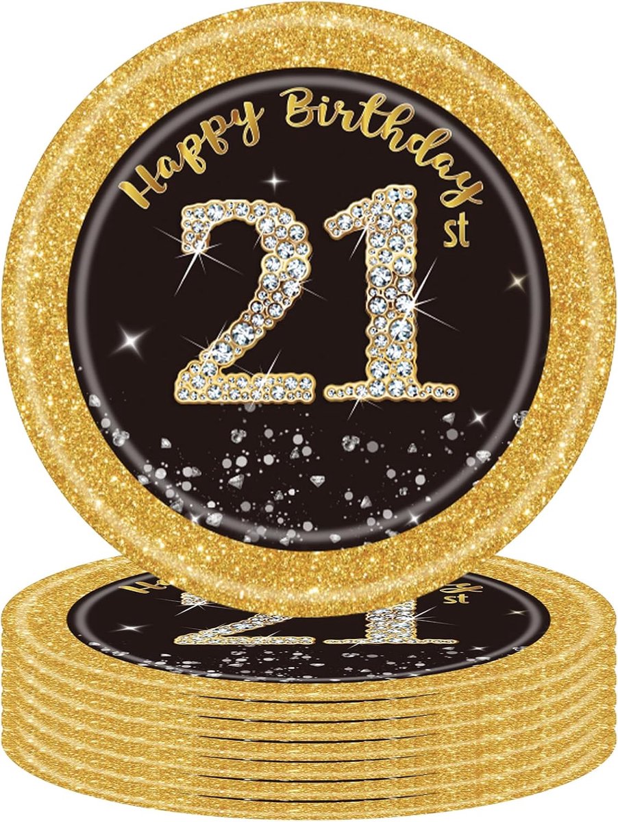 SnelShoppen - 16 Stuks 21e Verjaardag Zwart Gouden Papieren Bordjes 7 Inch, Feestdecoratie, Tafelgerei voor Verjaardagsfeest, Mannen en Vrouwen
