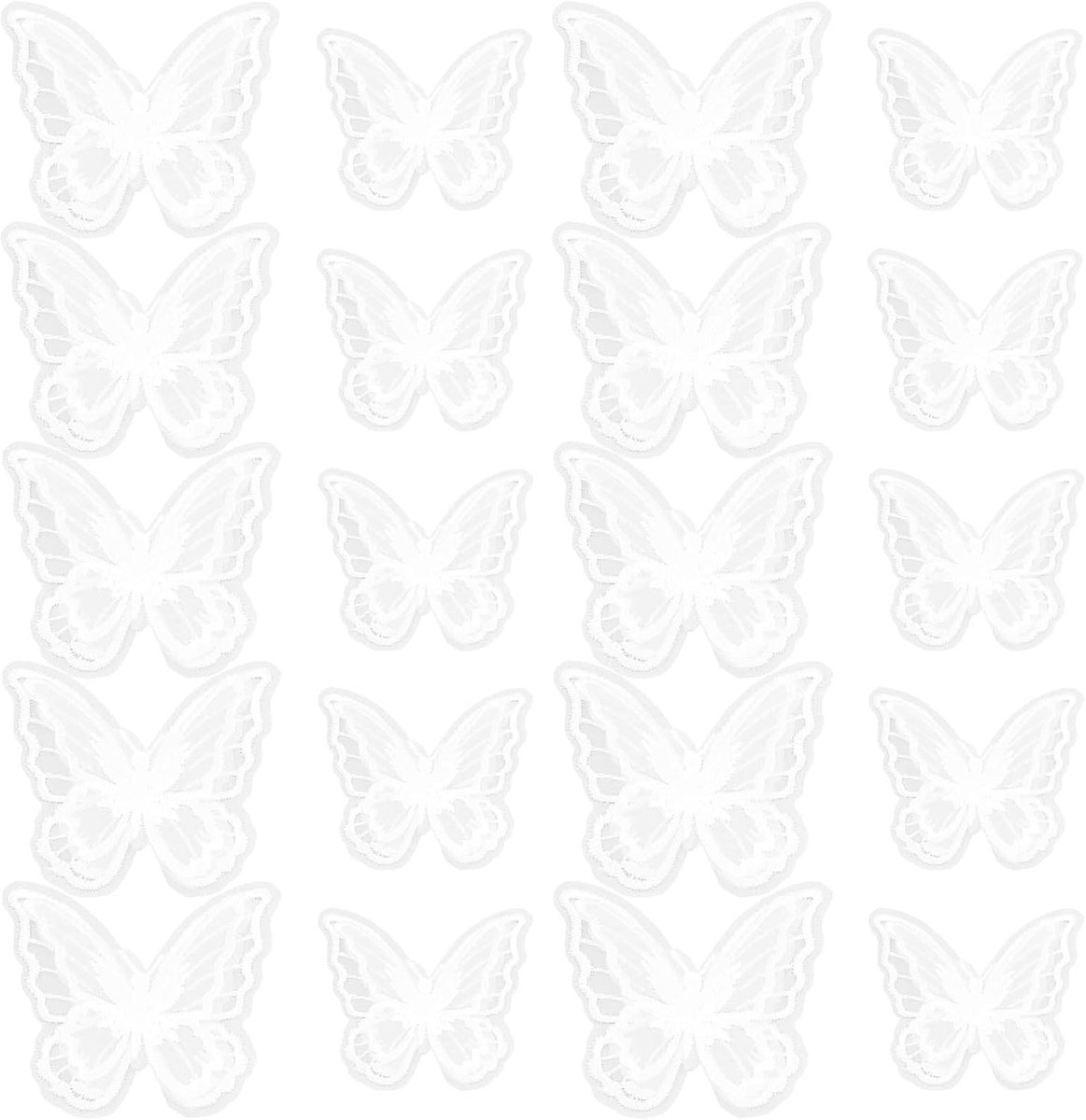 SnelShoppen - 20 Stuks Dubbele Laag Vlinder Applicaties Borduurpatches voor Kleding, Witte Organza, 5x4cm en 6x5.4cm voor DIY Feestkleding en Creatiev