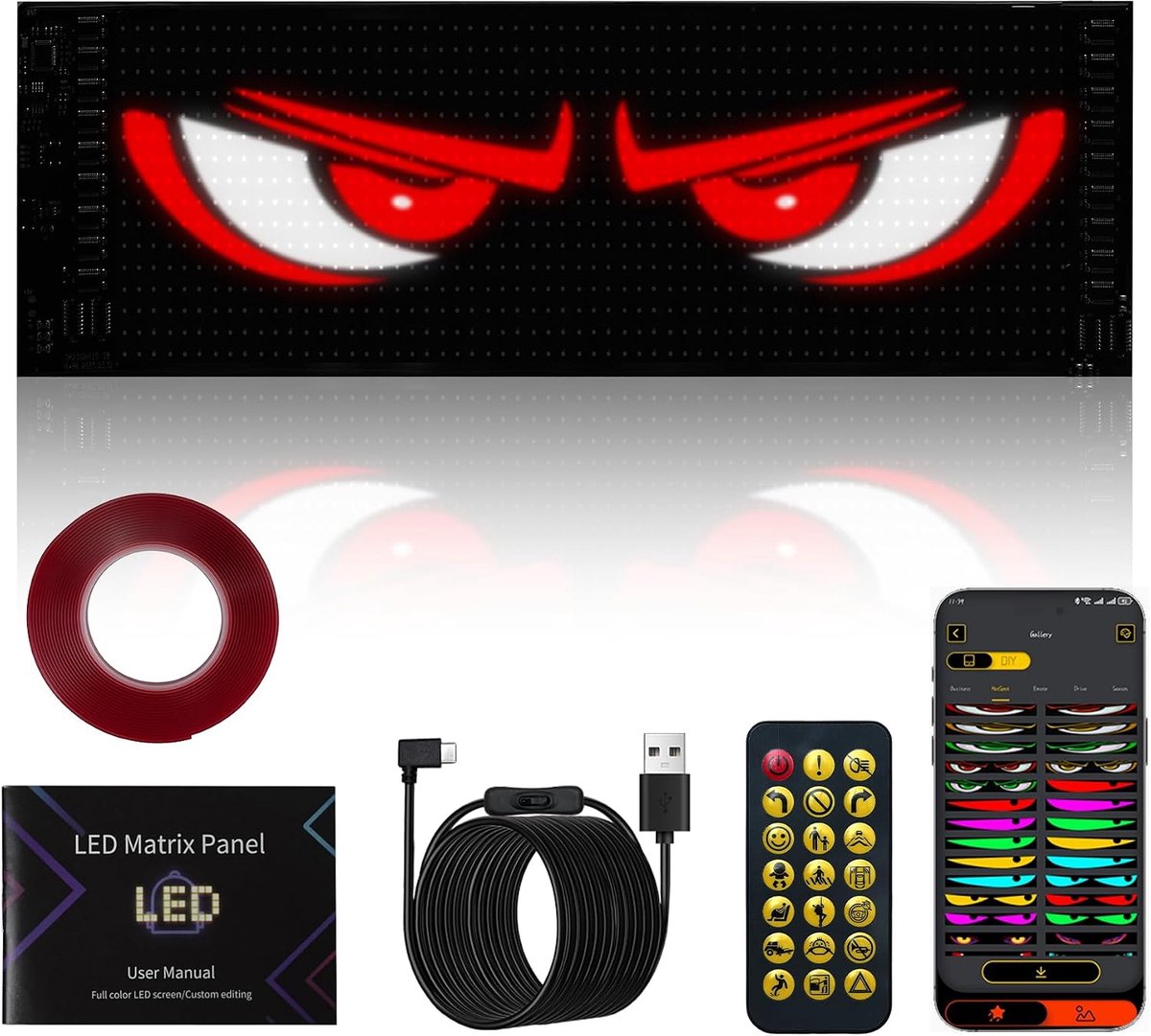 SnelShoppen - Looklight Devil Eyes Flexibele LED Loopverlichting, Programmeerbaar, LED Display (9.2 x 37.3 cm), Afstandsbediening en Bluetooth App Bes