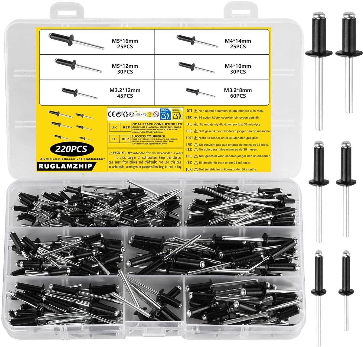 SnelShoppen - 220 Stuks Popnagel Set, Aluminium Doll Nails met Grote Flens | Assortiment Met Platte Kop, Aluminium Spijkers Voor Metaal Hout Meubels (