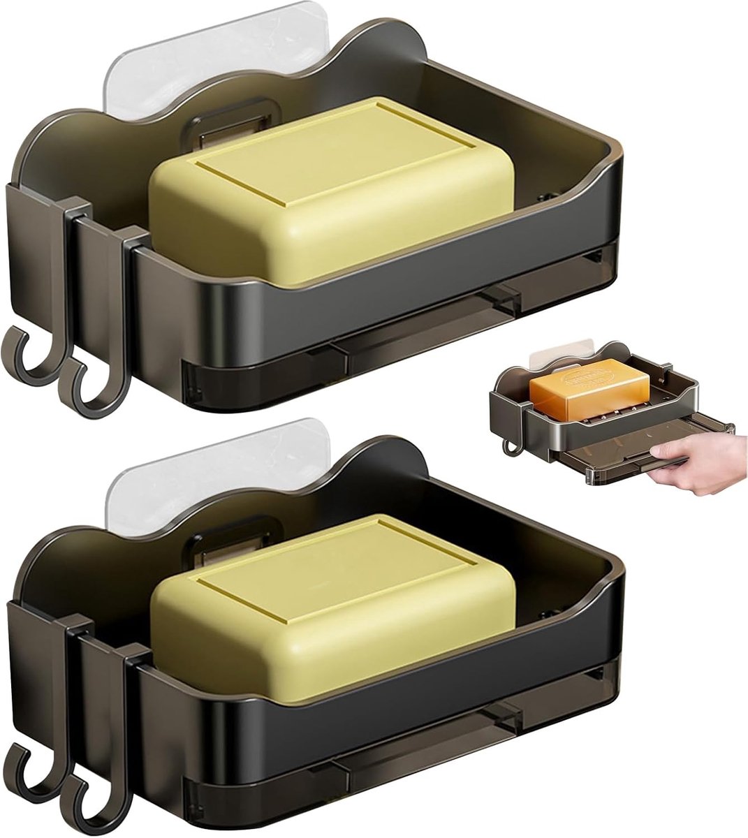 SnelShoppen - 2 Stuks Wandgemonteerde Zeepdispenser Met Haakjes - Zelfklevend Voor Douche - Maximaal 5kg Zeephouder - Waterdicht Grijs Zwart