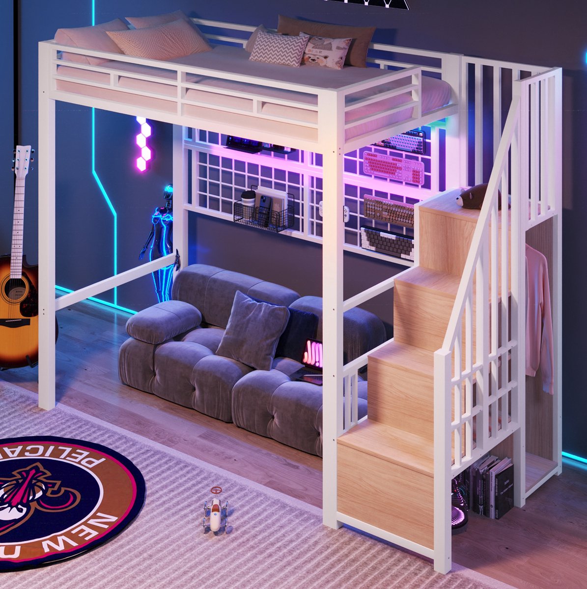 REDOM- Hoogslaper - Metaal en MDF - Met opbergleider en ophangrooster - Met opbergruimte - Met LED-verlichting - Wit - 90 x 200 cm - Zonder matras