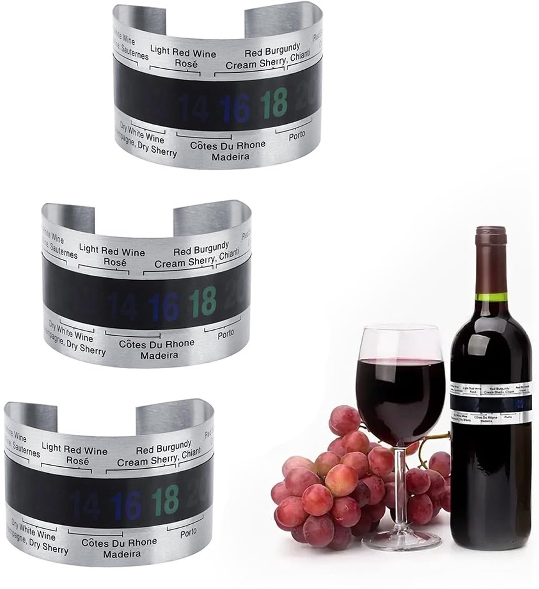 SnelShoppen - RVS Wijnfles Thermometer met LCD Scherm, Directe Temperatuurweergave, Bierfles Armband, Temperatuur Sensor, Elegant Design (Set van 3)