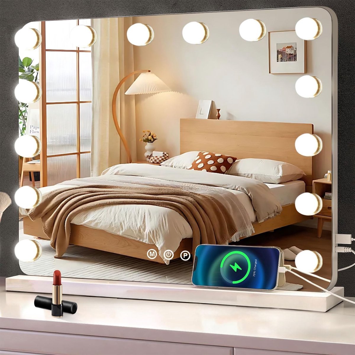 Hollywood Make-upspiegel - Wit - 50 x 40 cm - Dimbare LED-verlichting met 14 lampen - Voor Slaapkamer of Kaptafel