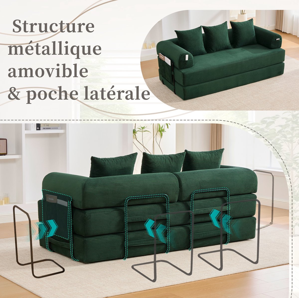 FloraGrace Slaapbank 200 x 94 x 67 cm - Modulair Ontwerp Met Zijtas En 3 Kussens - Uitklapbaar Voor Woonkamer Of Appartement - Corduroy - Emerald