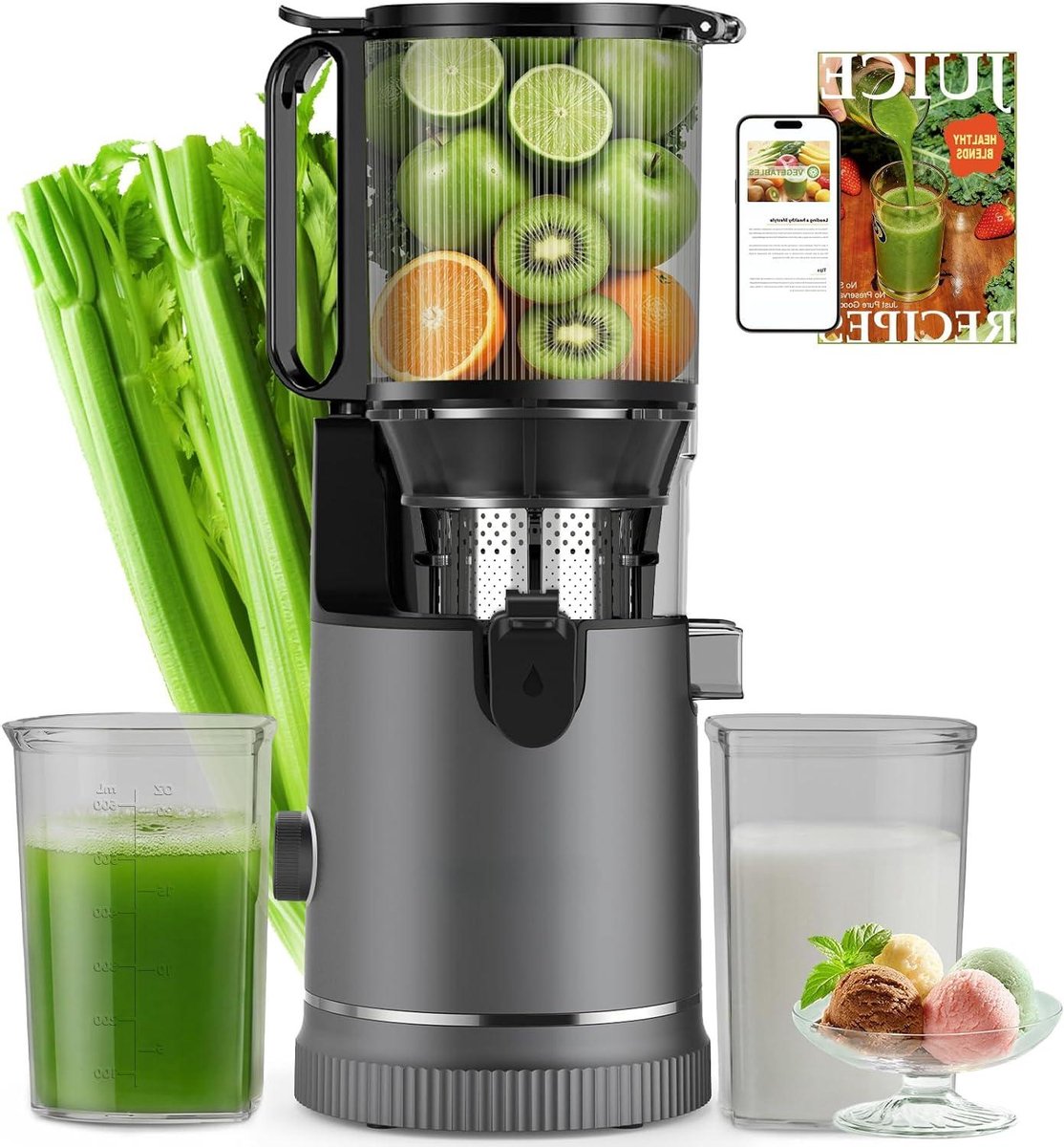 Slowjuicer - Sapcentrifuge - Gezond sap maken - Extra grote vulschacht - 1.8 liter - Titanium grijs