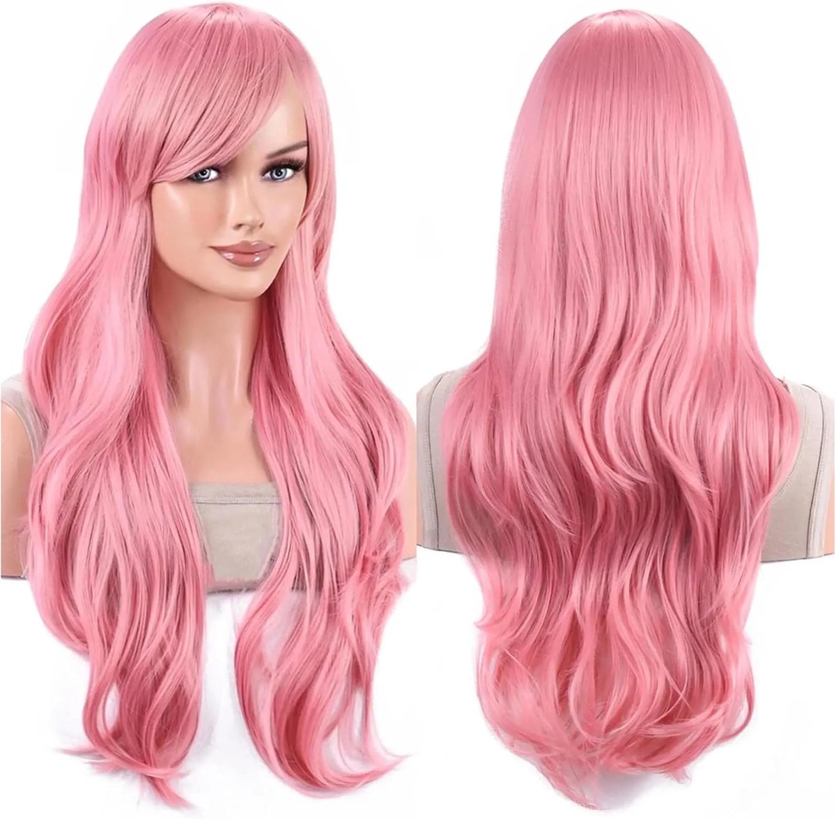 SnelShoppen - 70cm Lange Haar Water Golvende Perucque met Pony Cosplay Kostuum Perucque (Roze) - Glueless, Ademend, Natuurlijke Look voor Feesten en E