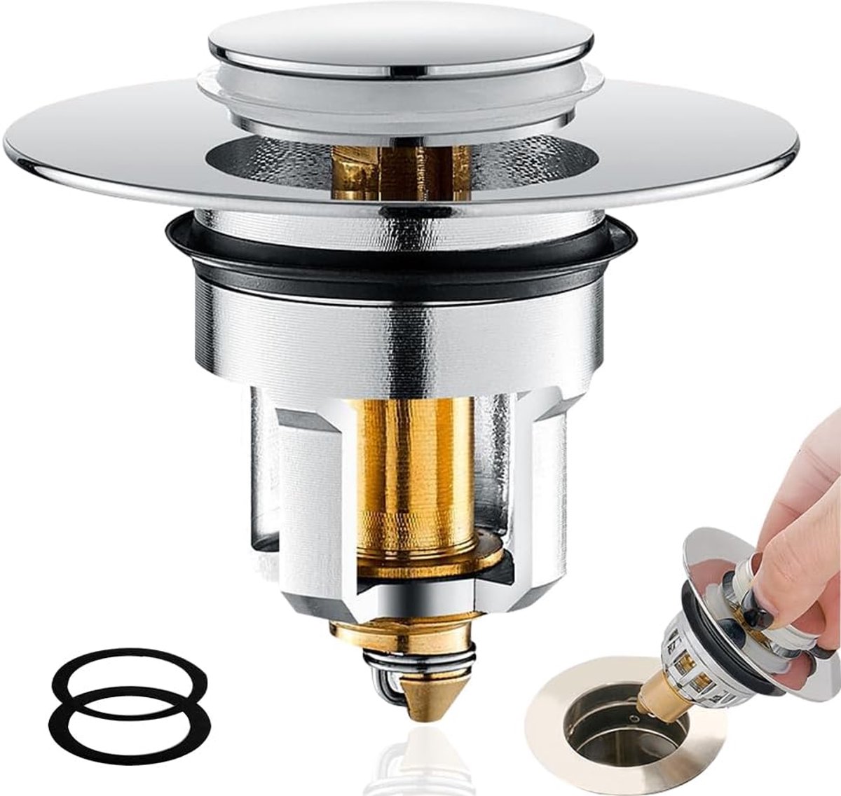 Washbasin Stopper, Universal Pop Up Drain Strainer, Brass Bounce Core Push Type Drain Plug with Anti-Clog Strain - ShopVlot