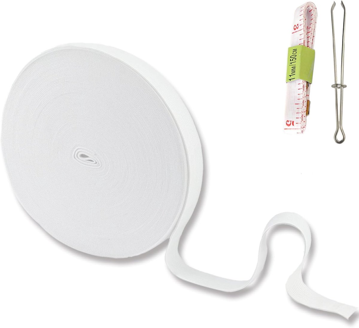 SnelShoppen - 20 m elastische band 25 mm breed wit, 65.6 inch broekrubber 2.5 cm, naaigaren voor thuistextiel, naaibenodigdheden met clip en meetlint