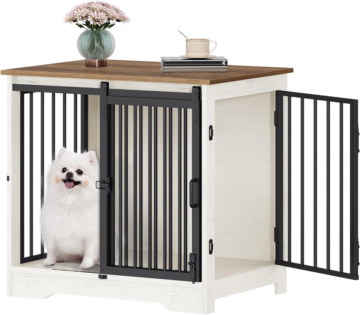 Hondenbench Meubel - Hondenbox Binnen - Veilige Rustplek - Dubbele Deuren - 69 x 49 cm - Wit Bruin
