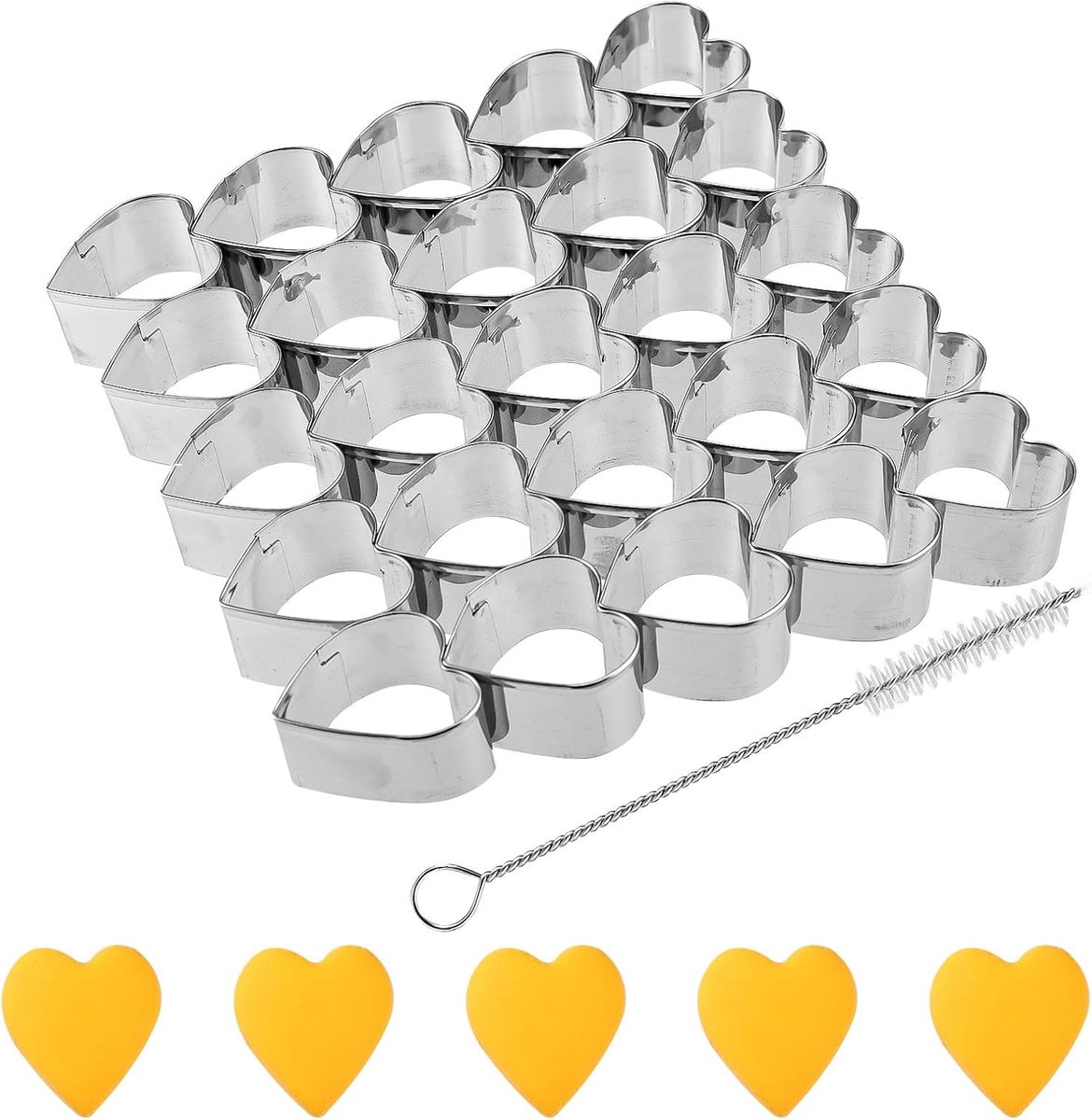 SnelShoppen - Hartvormige Koekjesvorm 25 Cavity RVS Bakvormen voor Taart en Desserts, Ideaal voor Feesten en Keuken, 2.8 x 2.8 cm, Inclusief Kwastje