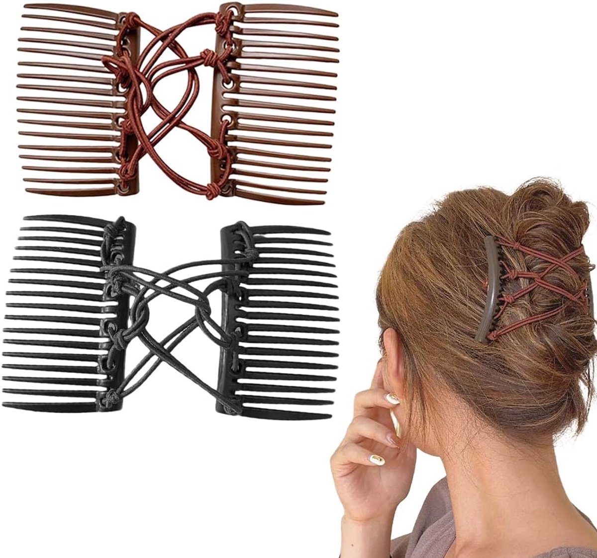 SnelShoppen - 2 Stuks Elastische Haarclips met Dubbele Kam, Elastische Magische Kammen voor Dik Haar, Vintage Stijl, Verstelbaar, Haaraccessoires voor