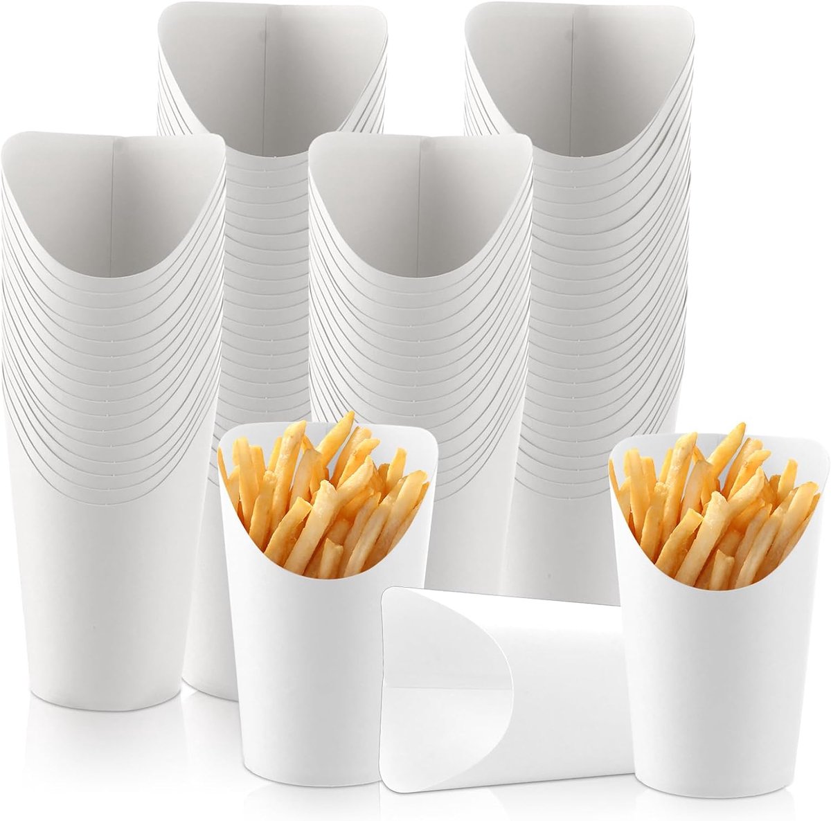 SnelShoppen - Pack van 100 Frietbekers Kraftpapier 300 ml Wit Frietbekers voor Snacks, Wafels, Frieten, Popcorn en IJs - Biologisch Afbreekbaar, Water