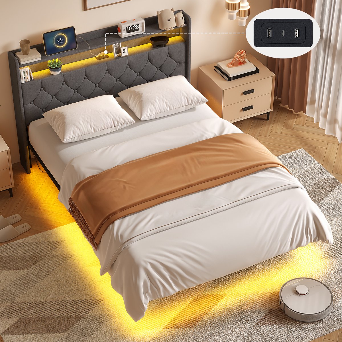 Xbro Bed 140 x 200 cm met Verstelbare LED-verlichting en USB-oplaadpoort,Tweepersoonsbed met Lattenbodem,Gestoffeerd Bed met Hoofdbord en Opbergruimte,Donkergrijs