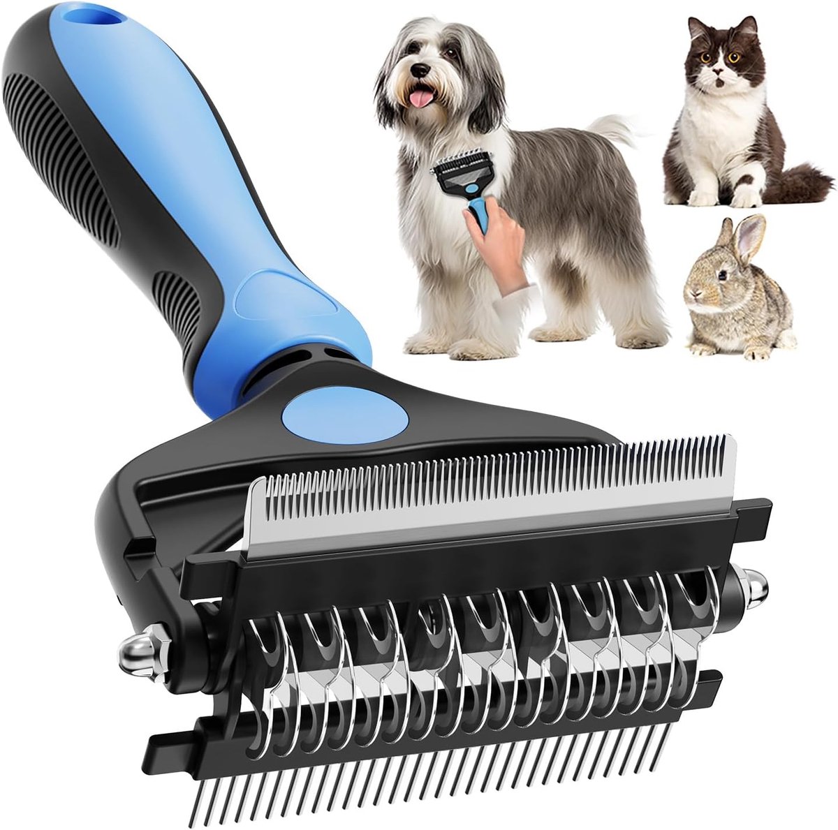 YAGXIG Huisdierverzorgingsborstel - 3-in-1 kam - Geschikt voor honden en katten - Haarverwijderende kam - Ondervachtkam en haarverwijderaar - Geschikt voor huisdieren met lang en kort haar, die veel verharen en huisdieren met klitten (blauw)