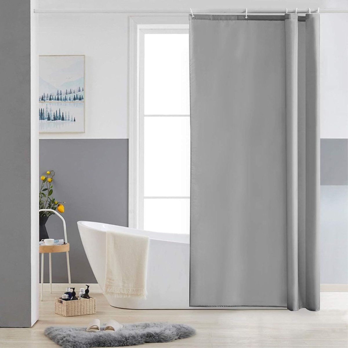 Smal douchegordijn voor hoekdouche en klein bad, badgordijn textiel van polyester, schimmelbestendig, waterafstotend en wasbaar, grijs, 90 x 180 cm, inclusief 6 douchegordijnringen