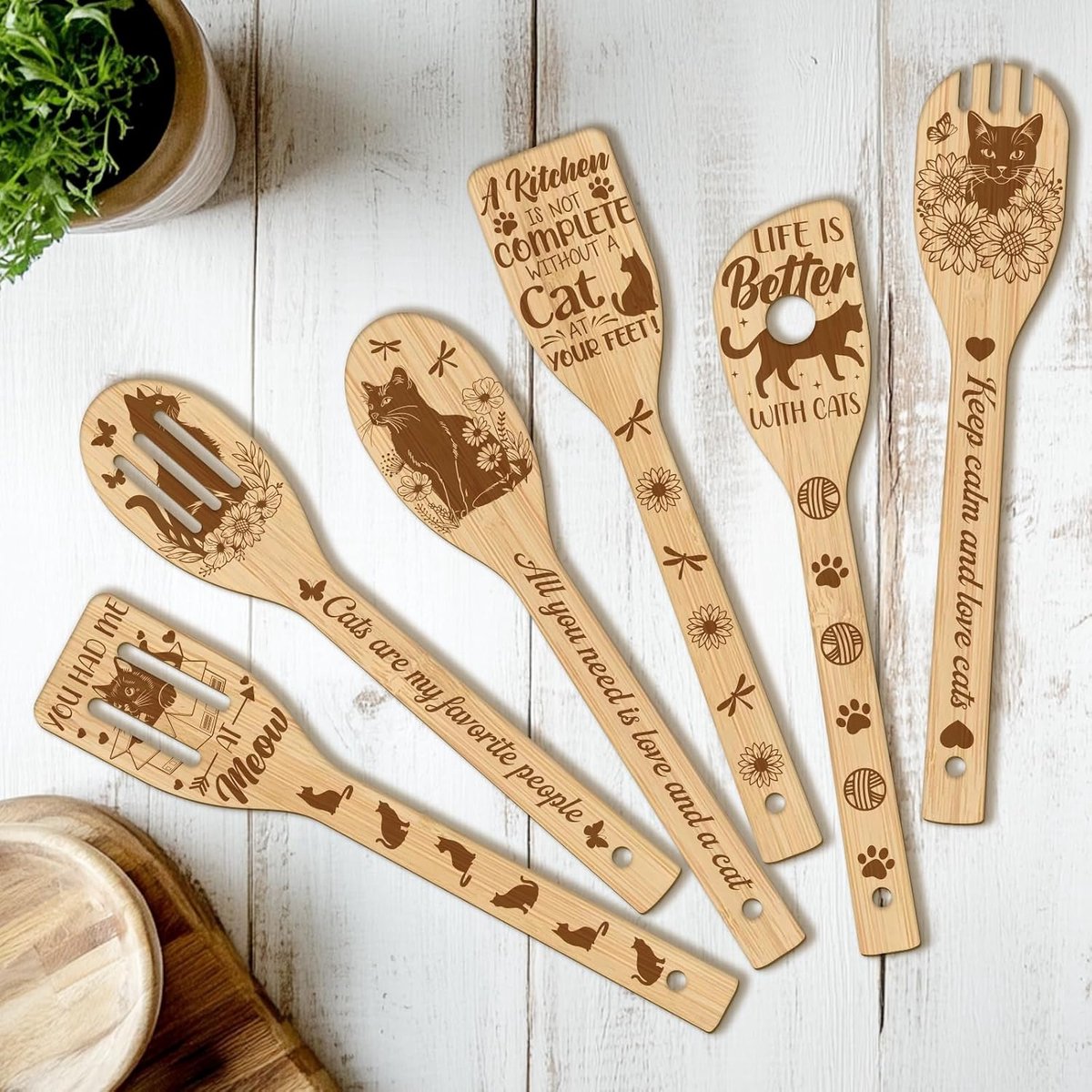 Kooklepelset, 6 stuks, katten en bloemen, houten kookgerei, grappig met motief, spatel van hout, gepersonaliseerd, keukenhulpset voor koken, lepel, keuken, cadeau