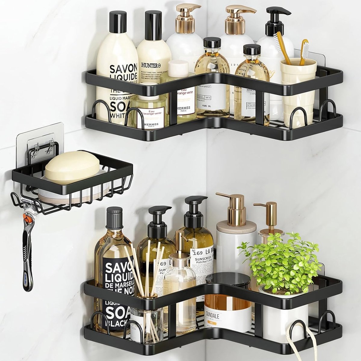 Hoekdouche Caddy Organizer Rack - Zwart - 3 Set - Roestvrij Staal - Voor Badkamer of Keuken