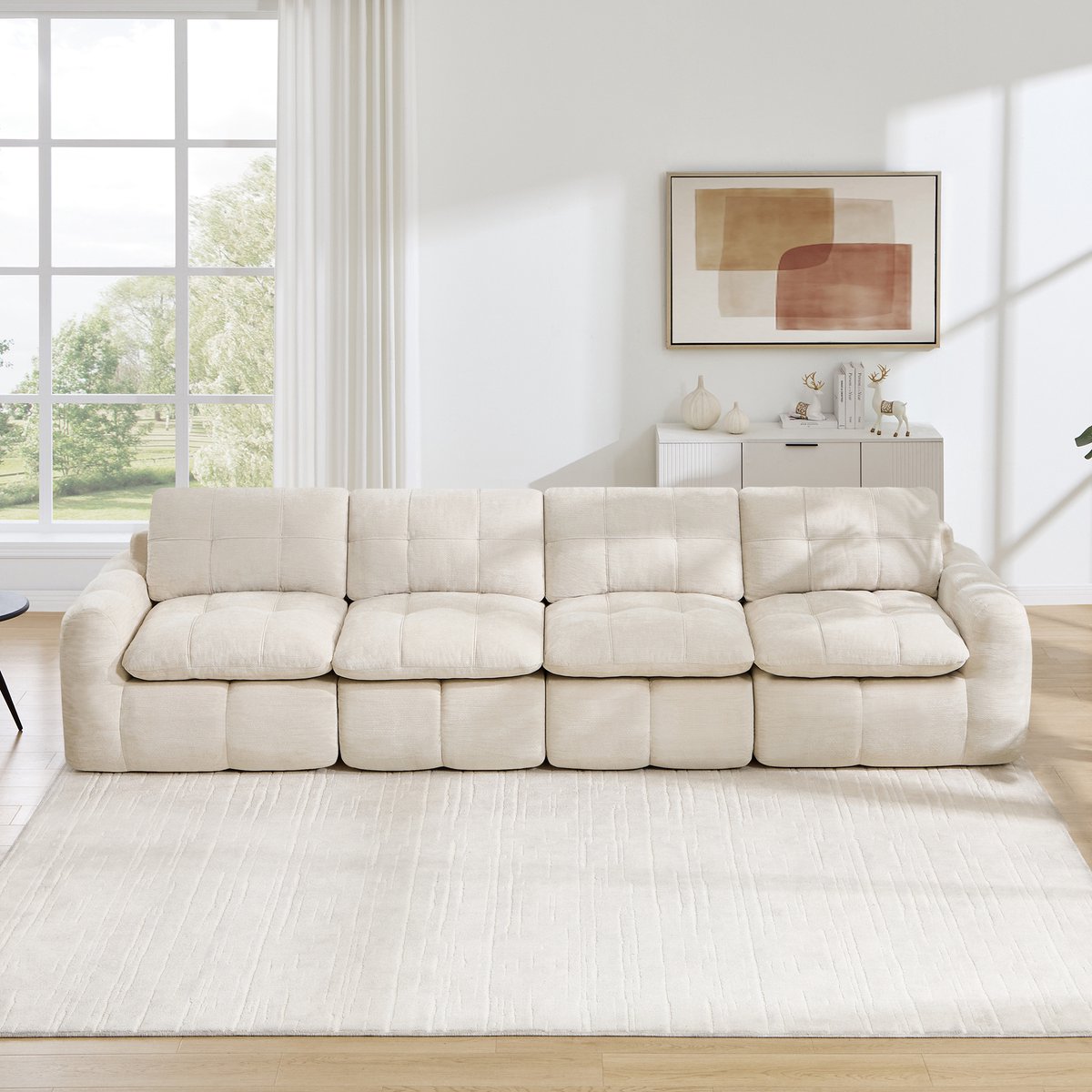 Intebiki 4-zits Hoekbank - Chenille stof - Modulaire L-vormige zitbank - Geen montage nodig - Beige