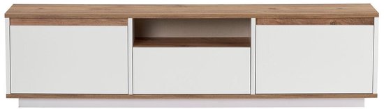 Meuble TV Lume épuré de 160 cm de long, en blanc avec plateau supérieur et inférieur en bois.