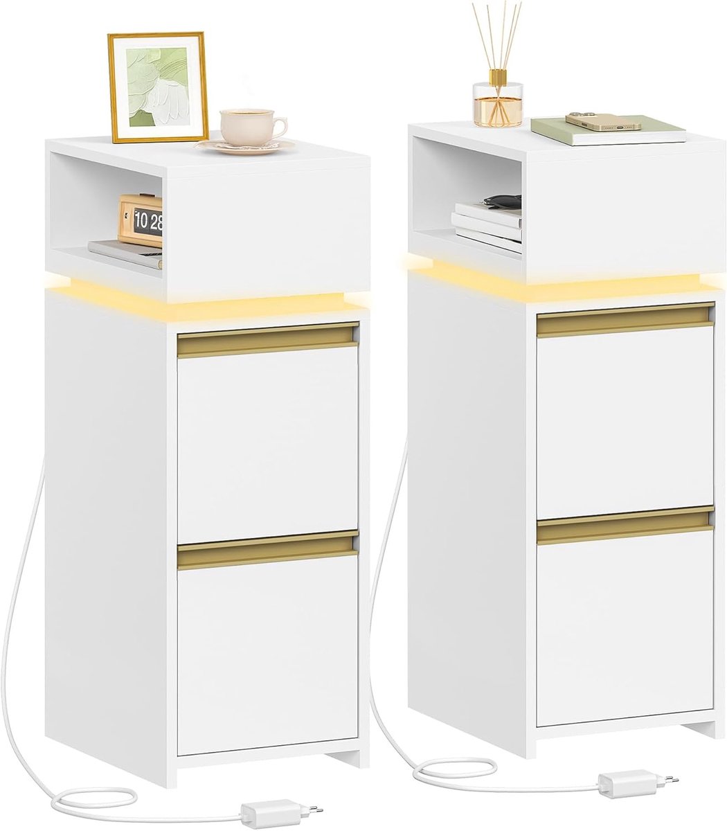Hzuaneri Nachtkastjes, Set van 2, Smalle Nachtkastjes met LED Verlichting, Kleine Smalle Bijzettafels met 2 Laden en 1 Open Ruimte, Bijzettafel, voor Slaapkamer, Woonkamer, Modern, Wit
